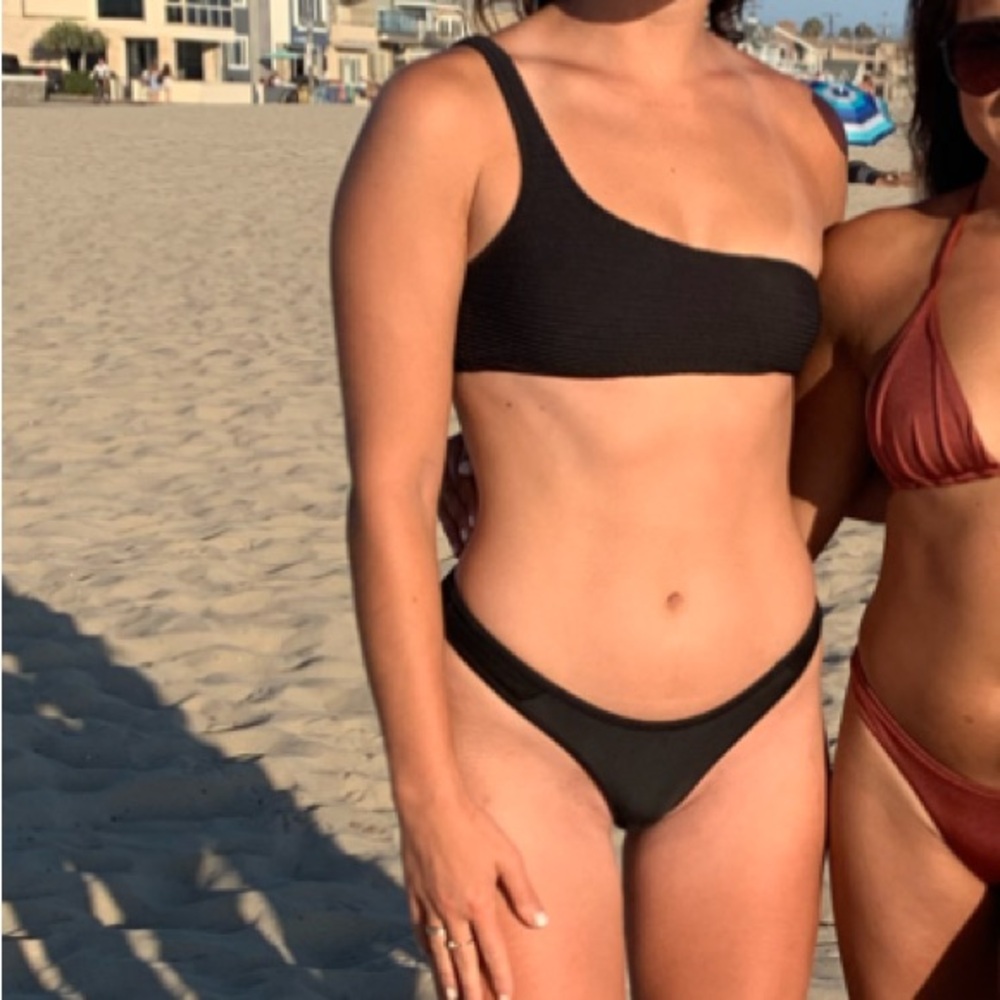 Black Smocked One Shoulder Asymmetrical Bikini Top